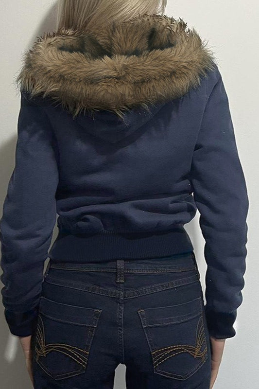 Fur Collar Letter Print ZipUp Hoodie