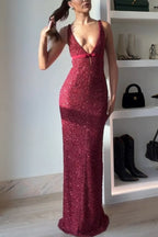 Festival Shines Sequin Beaded Mesh Bow Cutout Detail Slit Maxi Dress