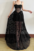 Sleeveless Ruffled Waist Maxi Lace Dress