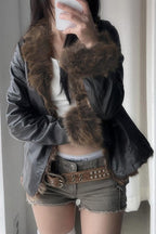 Fur Collar Panel Leather Jacket