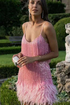 Fringed Sequin Feather Panel Chic Cocktail Dress