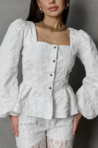 Solid Color Jacquard Square Neck Puff Sleeve Elegant Button Top