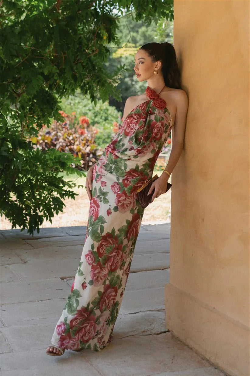 Rose Halter Off-Shoulder Floral Dress