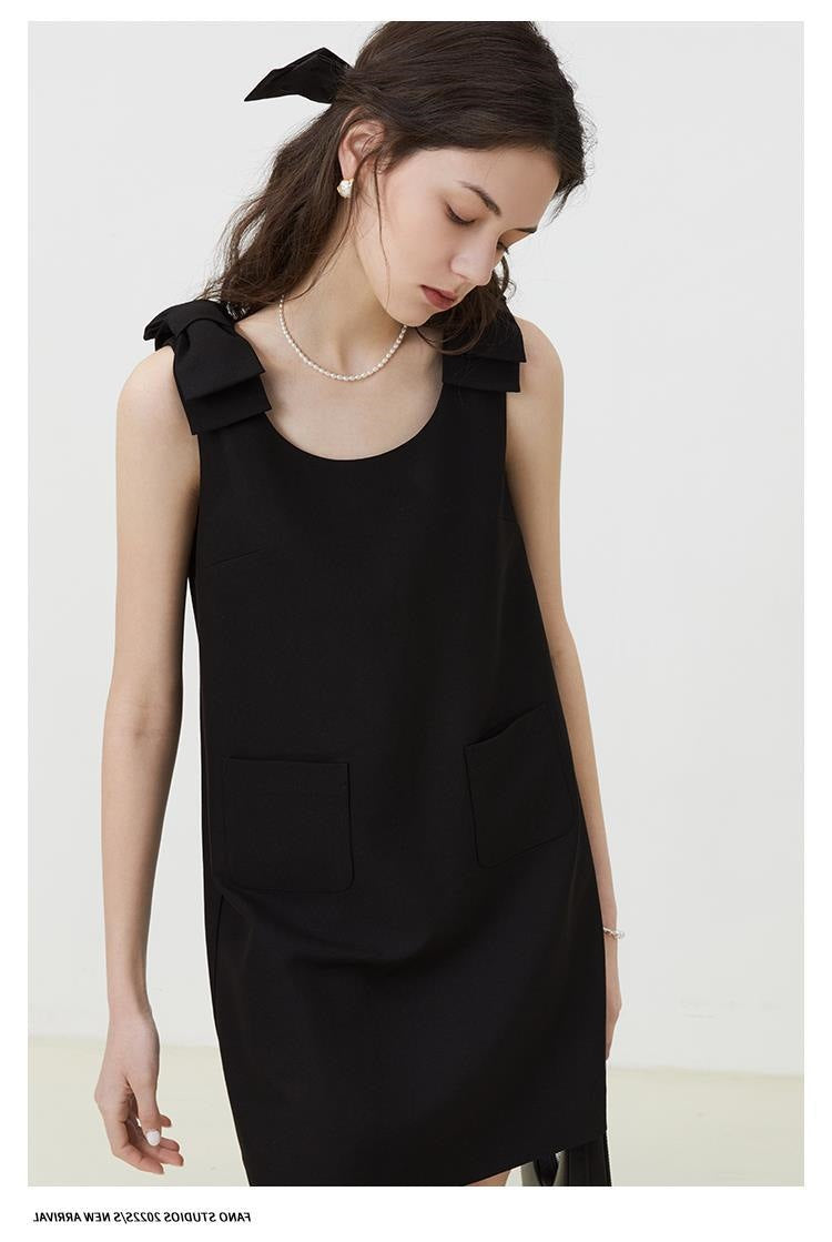 Black Sleeveless Bow Detail A-Line Mini Dress
