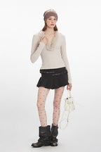Faux Fur Trim VNeck Knit Top