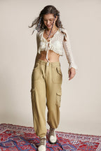 Ivory Lace Ruffled Tie Front Bell Sleeve Copped Blouse