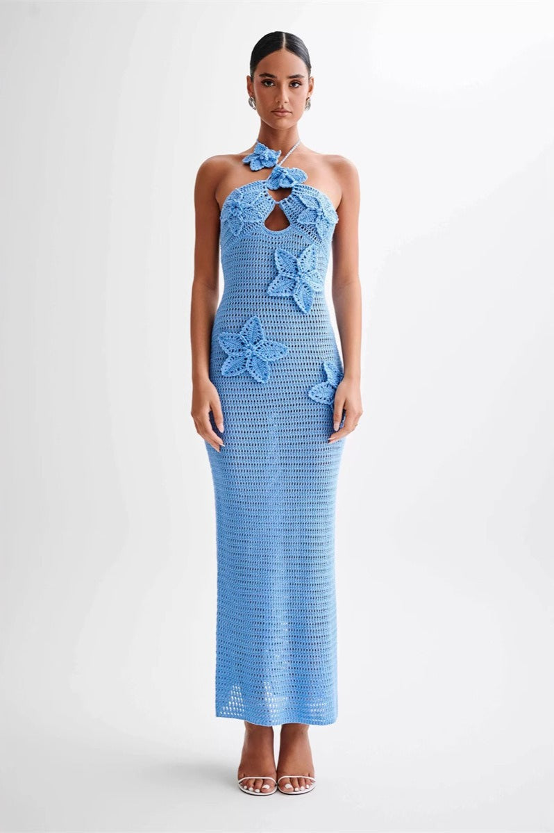 CutOut Halter Appliqué Fitted Bodycon Maxi Sweater Dress