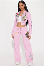Color Block Print Slim Crop Two Piece Set