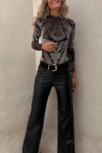 Antarey Velvet Mesh Unique Pattern Long Sleeve Stretch Bodysuit