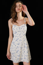 Ivory Floral Print Tie Strap Smocked Detail Mini Dress