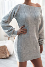 Ribbed Knit Boat Neck Long Sleeve Loose Mini Dress