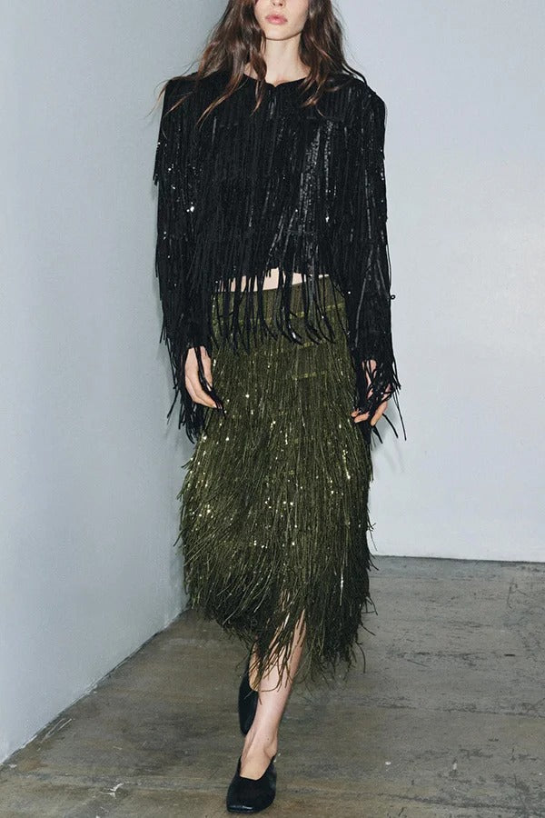 Party Crasher Layered Sequined Tassels High Rise Back Zipper Midi Skirt