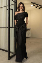 One-Shoulder Mesh Ribbon Black Bodycon Maxi Dress