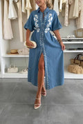 V-neck single-breasted short-sleeved dress