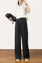 Black Buckle Strap Detail Pleated Front Wide Leg Pants