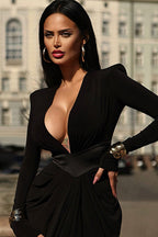 Deep V Padded Shoulder Long Sleeve High Slit Long Formal Dress