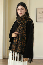 Faux Cashmere Leopard Print Thick Fringed Scarf