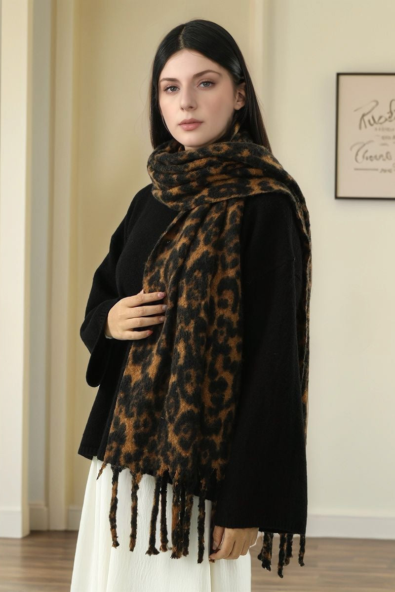 Faux Cashmere Leopard Print Thick Fringed Scarf