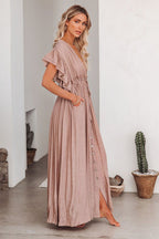 Button Front Drawstring Waist Maxi Boho Dress