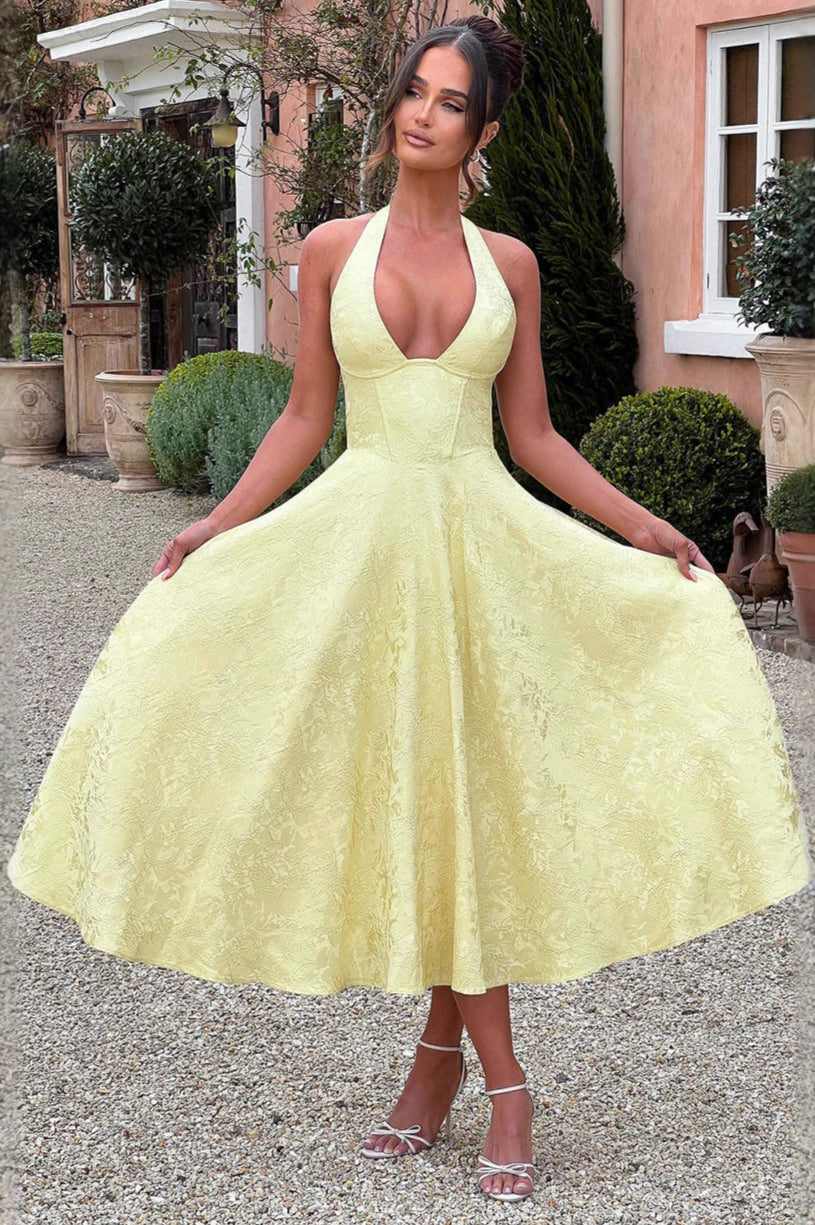 Jacquard Halter V-Neck Party Dress