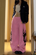 Flame Print Sherpa Drawstring Curved Leg Pants