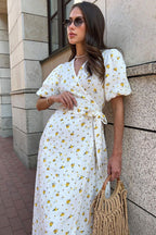 Cotton Printed Puff Sleeve Midi Dress