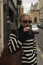 Laid-back Retro Lapel Half-zip Striped Sweater