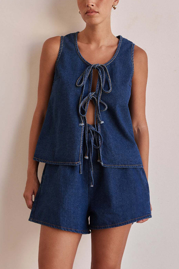 Stylish Elastic Waist Drawstring Pocket Casual Loose Denim Shorts