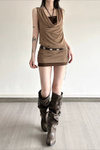 Distressed Draped Neck Beaded Two Piece Bodycon Mini Dress