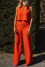 Modern and Elegant Solid Crop Tank and High Rise Flare Loose Pants Set