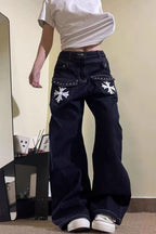 Vintage Washed Cross Print Bootcut Wide Leg Plus Size Jeans