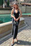 Black Contrast Lace U-Neck Split Backless Party Dress