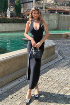 Black Contrast Lace U-Neck Split Backless Party Dress