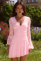 V Neck Bell Sleeve Pleated Mini Lace Dress