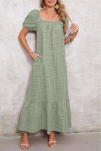 Women's Puff Sleeve Square Neck Check Maxi Dress