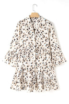 Khaki Leopard Print Buttoned Front 3 4 Sleeve Tiered Ruffled Hem Dress