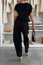 Leva Linen Blend Drawstring Short Sleeve Top and Elastic Waist Pocket Loose Tapered Pants