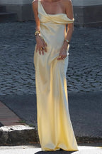 Solid Color Asymmetrical Shoulder Backless Strapless Sexy Formal Dress