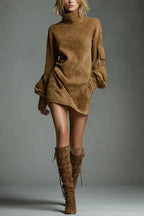 Stylish Suede High-Neck Long-Sleeved Casual Pocket Mini Dress