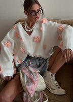 Blush Bloom - 3D Floral Knit Cardigan with V-Neck