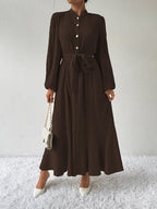 Delaney Chic Long Sleeved Maxi Dress with Tie Belt Elevated Occasion Wear