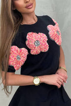 Crewneck Short Sleeves 3D Flower Sweater Top