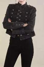 Cropped Denim Military Jacket