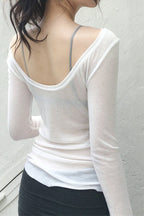 U Neck Sexy Sheer Long Sleeve Blouse