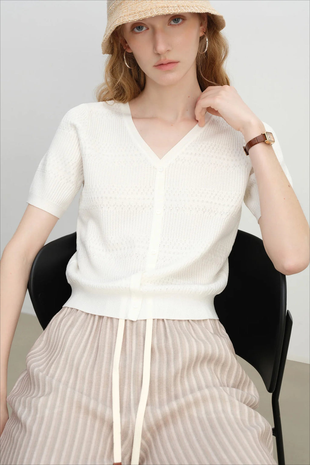 French Knit VNeck Short Sleeve Cardigan