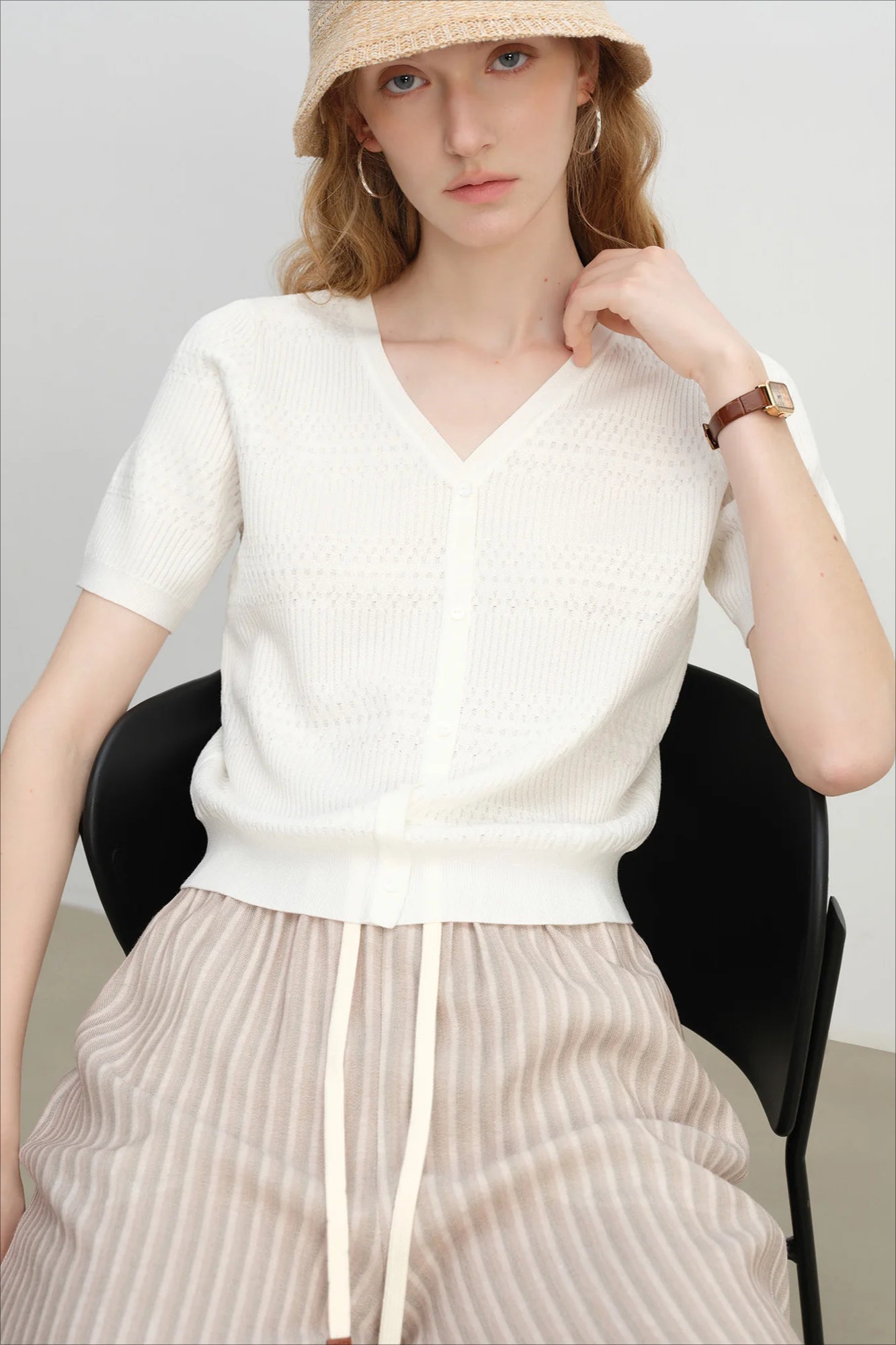 French Knit VNeck Short Sleeve Cardigan