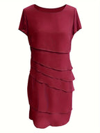 Cecilia Boutique Cotton Layered Trim Round Neck Short Sleeve Evening Dress for Women Chic Silhouette Collection