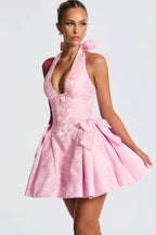 Jacquard Halter V Neck Bow Mini Dress
