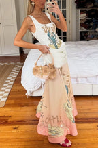 Jino Unique Lobster Print Square Neck Ruched Drape Hip Maxi Dress