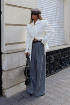 Solid Collared Tie Waist Split Blouse